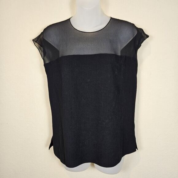 Polo Ralph Lauren Silk Semi Sheer Top Blouse Designer Cap Sleeve Black Size 4 - Picture 2 of 11